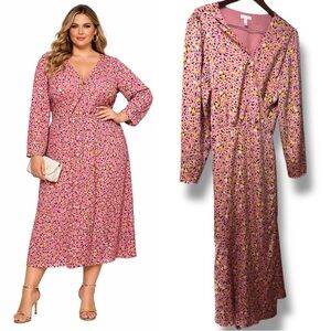 Leith | NWOT Pink Animal Print Long Sleeve Tie Waist Wrap Dress (size 3X)